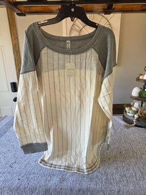 Free People Cream and Gray Striped Long Sleeve Tee